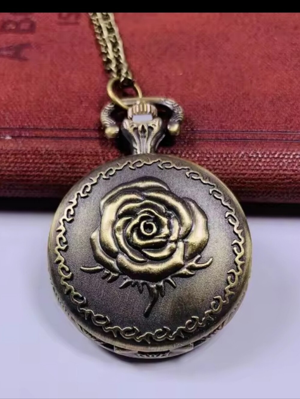 Pretty Vintage Look Rose Pocket Watch Pendant Necklace Bronze
